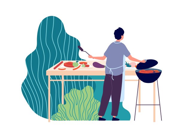 夏季烧烤。人炸自然肉。夏日野餐，男士烹饪新鲜食物矢量插画图片下载