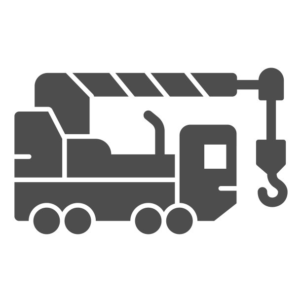 重型卡车固体图标，重型设备概念，起重机卡车标志在白色背景，设备建设图标在字形风格的移动概念，网页设计。矢量图形。图片下载