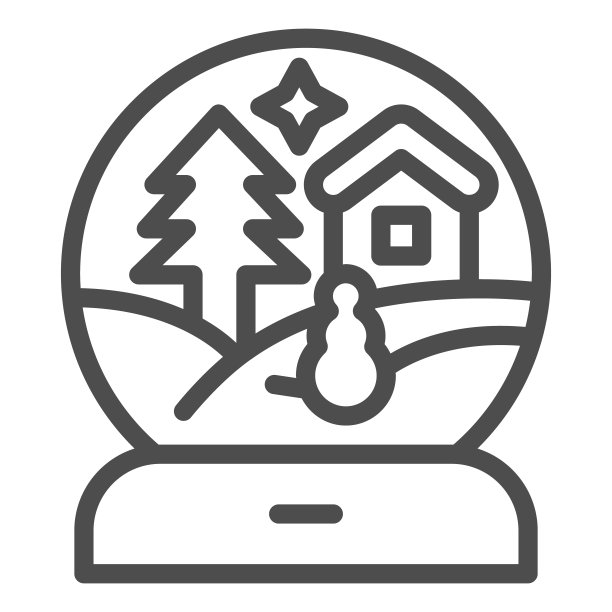 玻璃球与冬季景观线图标，圣诞概念，雪花球与雪白的圣诞房子标志在白色的背景，玻璃雪球图标在轮廓风格。矢量图形。图片下载