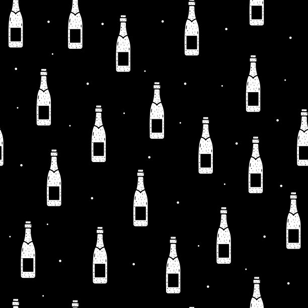 无缝图案的香槟或葡萄酒瓶在一个平坦的风格上的黑色背景。图片下载