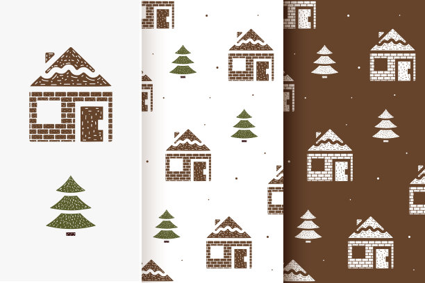 一套无缝模式的房子和杉树在平坦的风格。集传统圣诞元素的卡片。图片下载