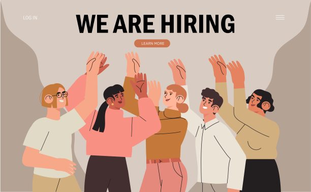 我们正在招聘或工作招聘横幅，海报，传单或登陆网页。一群人，学生或年轻的专家正在网上寻找新的工作机会或为新工作而挣扎。图片下载