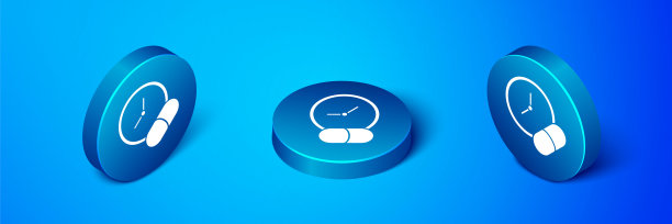 药丸或药片图标孤立在蓝色背景上。胶囊丸和药物标志。药店的设计。蓝色圆按钮。向量图片下载