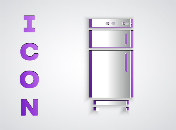 剪纸冰箱图标孤立在灰色背景。冰箱冰箱冰箱。家用科技和电器。纸艺术风格。向量图片下载