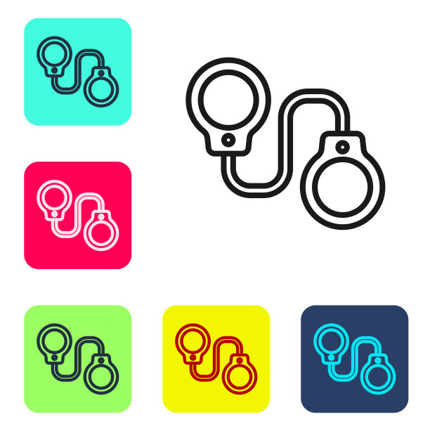 黑线手铐图标孤立在白色背景。设置图标的颜色方形按钮。向量图片下载