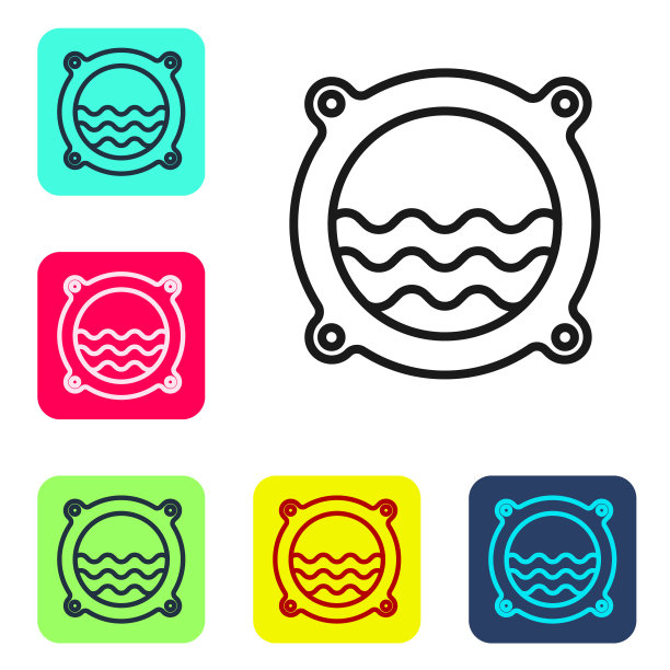 黑色线船舷窗与铆钉和海景外的图标孤立在白色背景。设置图标的颜色方形按钮。向量图片下载