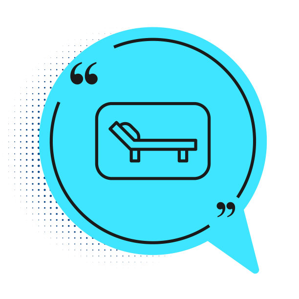 黑线太阳床图标孤立在白色背景。太阳懒人。蓝色语音气泡符号。向量图片下载