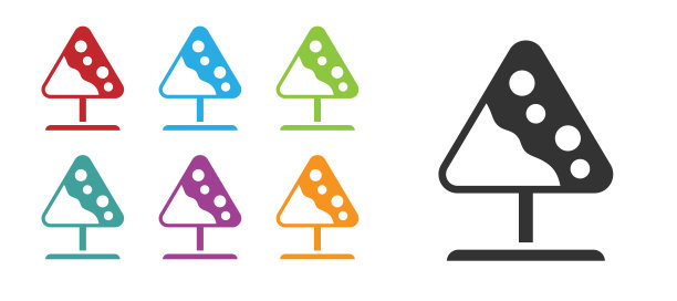 黑色道路标志雪崩图标孤立在白色背景。滑雪:从斜坡上快速流下的雪。设置图标丰富多彩。向量图片下载