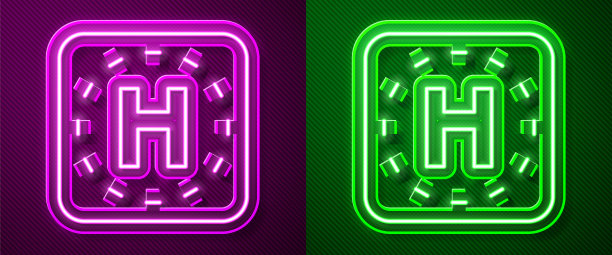 发光的霓虹线直升机停机坪图标孤立在紫色和绿色的背景。直升机停机坪，区域，平台，H字母。向量图片下载