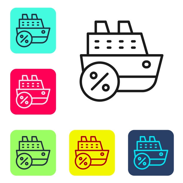 黑线游轮图标孤立在白色背景。旅游旅游航海运输。远航客轮、邮轮。全球巡航。设置图标为彩色方框按钮。向量图片下载