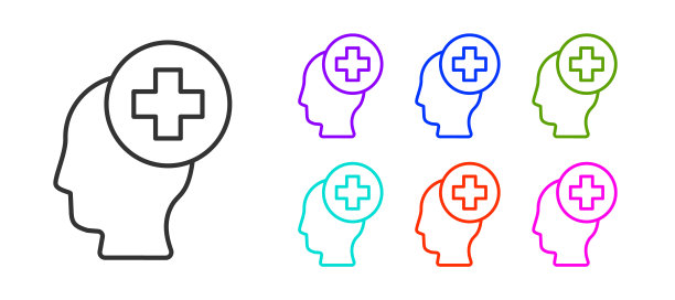 黑线男性头部与医院图标隔离在白色背景上。头部有精神健康，医疗保健和医疗标志。设置图标丰富多彩。向量图片下载