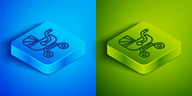 等距线婴儿推车图标孤立在蓝色和绿色背景。婴儿车，手推车，婴儿车，手推车，手推车。方形按钮。向量图片下载