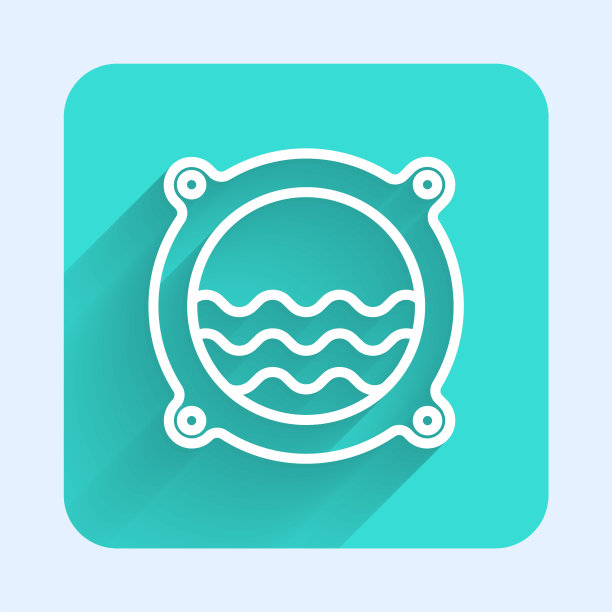 白色线带铆钉的舷窗，图标外的海景与长影子隔离。绿色广场按钮。向量图片下载