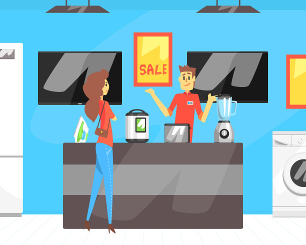 在家用设备百货商店与店员交谈的女人矢量插图图片下载