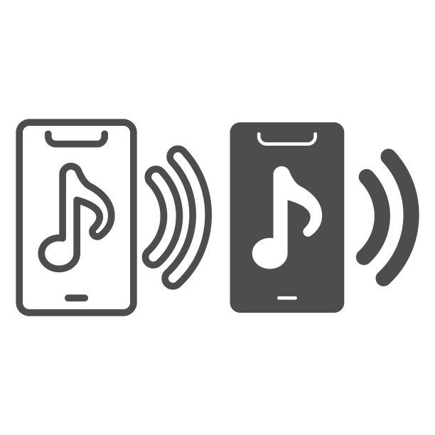 带有音符线条和实心图标的智能手机，声音设计概念，带有音乐播放器界面的设备，带有轮廓风格音乐符号的手机。矢量图形图片下载