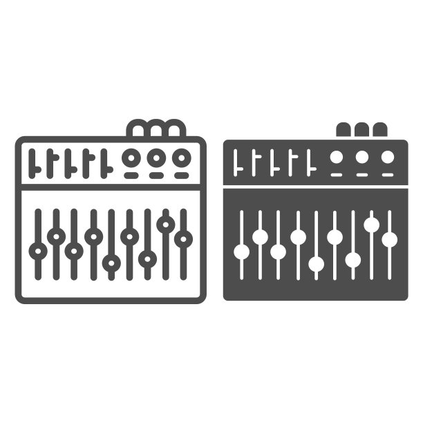 均衡器线和固体图标，声音设计概念，均衡器控制标志的白色背景，音乐工作室混音控制台图标轮廓风格的移动概念和网页设计。矢量图形。图片下载