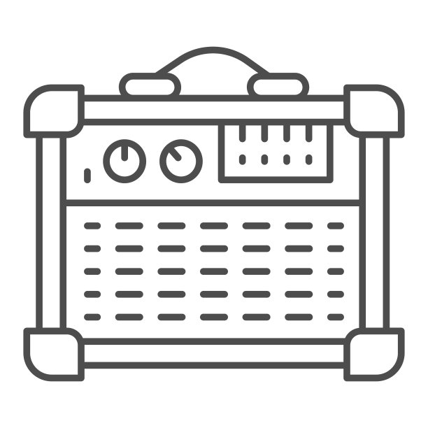 吉他组合放大器细线图标，声音设计概念，扬声器为电吉他标志的白色背景，吉他放大器图标的轮廓风格的移动和web。矢量图形。图片下载