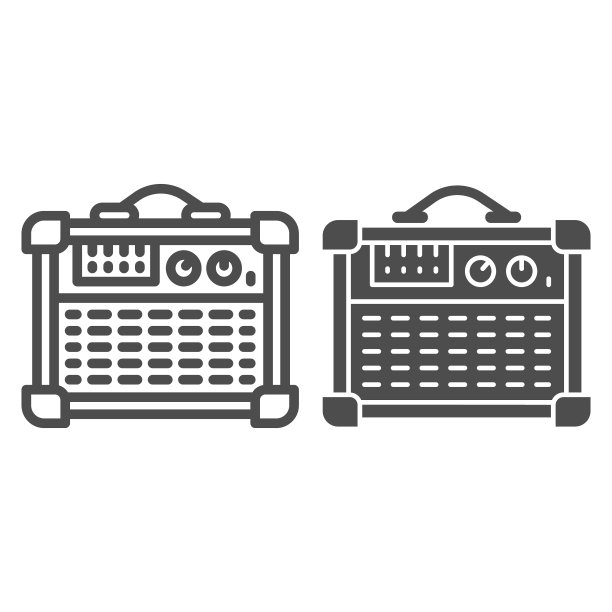 吉他组合放大器线和固体图标，声音设计概念，扬声器为电吉他标志的白色背景，吉他放大器图标在轮廓风格的移动和网络。矢量图形。图片下载