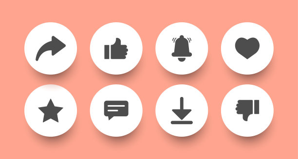 圆的按钮。带有阴影的网页按钮模板。喜欢，分享，评论标识布局。点赞和心形图标与转发和评论图标，箭头，下载，订阅，消息。社交媒体图标图片下载