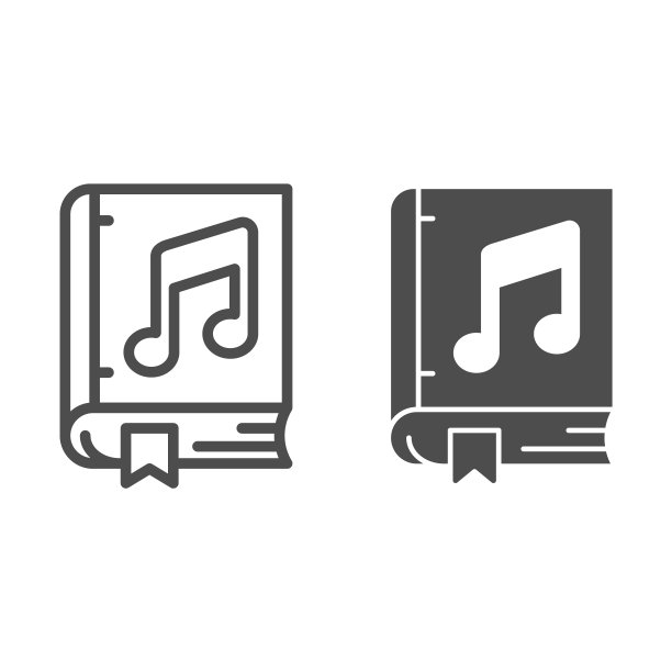 书与音乐笔记线和固体图标，声音设计概念，音乐识字标志在白色的背景，音乐书图标轮廓风格的移动概念和网页设计。矢量图形。图片下载