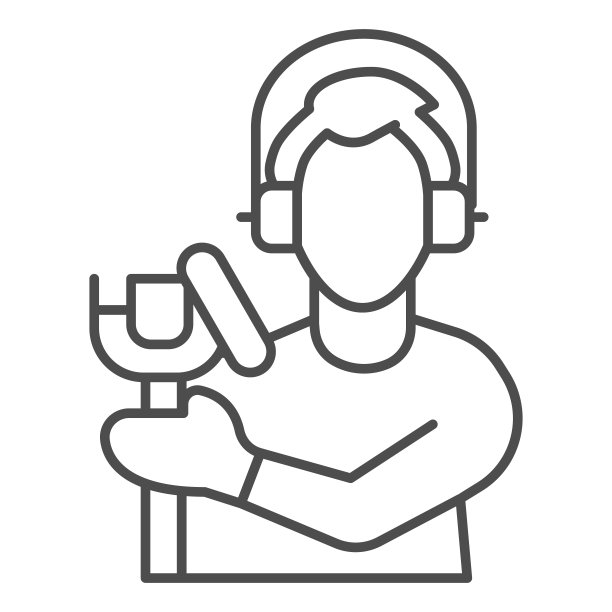 歌手与录音室麦克风细线图标，声音设计概念，男子与麦克风剪影标志在白色背景，声音录制图标在轮廓风格的移动。矢量图形。图片下载