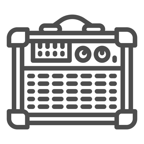 吉他组合放大器线图标，声音设计概念，扬声器为电吉他标志的白色背景，吉他放大器图标的轮廓风格的移动和网络。矢量图形。图片下载