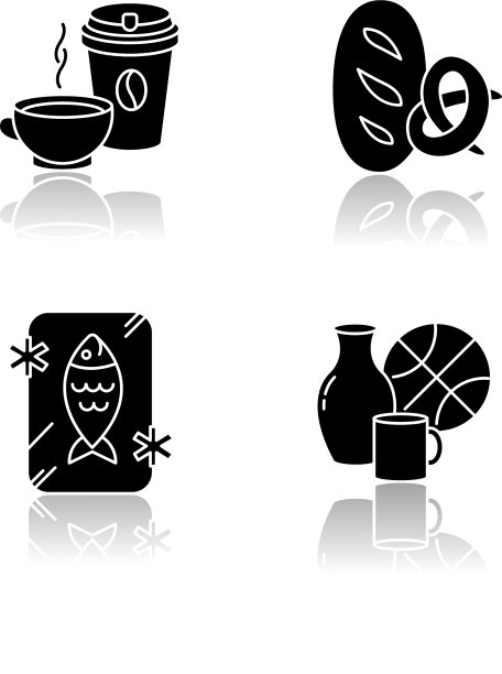 食品和商品下落阴影黑色字形图标设置图片下载