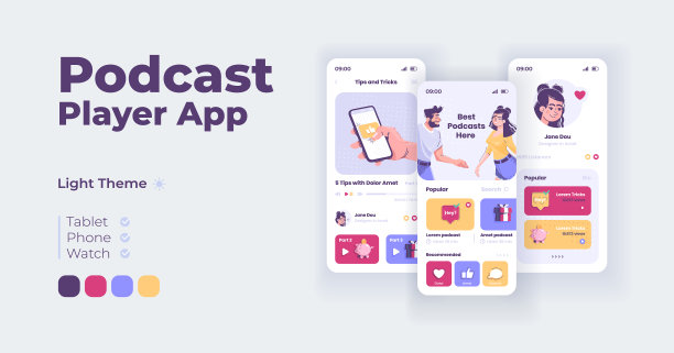 播客播放器卡通智能手机界面图片下载