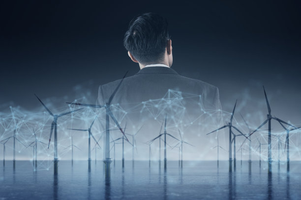 人和可持续替代能源发电技术，黑衣人未来图形和风力发电农场背景。图片下载