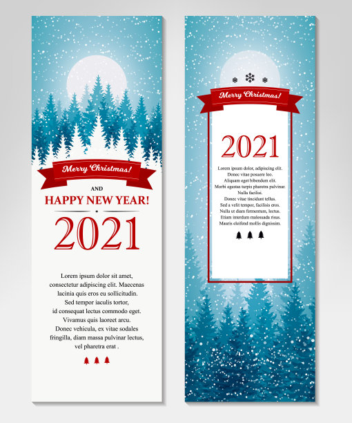 两面圣诞快乐和新年快乐的垂直贺卡与美丽的冬季景色。蓝色的圣诞树景观与雪。矢量插图与手绘元素图片下载