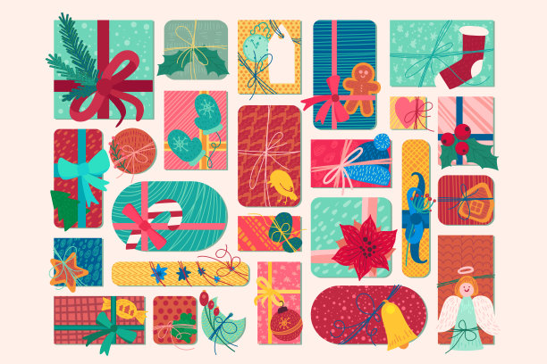 明亮的新年礼物盒平面矢量插图图片下载