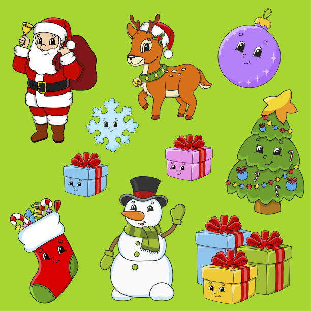 一套可爱的卡通人物贴纸。圣诞节的主题。手绘。五彩缤纷的包。矢量插图。补丁徽章收集。标签的设计元素。用于日常计划，日记，组织者。图片下载