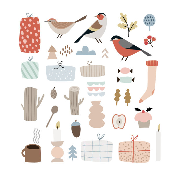 一套可爱的圣诞鸟和装饰图标。金翅雀与花，叶和礼盒。一杯咖啡，蛋糕和袜子。现代平面设计。孤立的矢量插图。图片下载