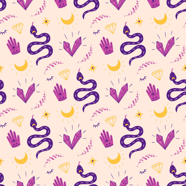 神秘的精神模式。神奇神秘元素蛇、水晶、hamsa手。图片下载