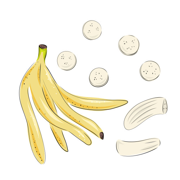 香蕉矢量图。单独手绘花束、束、香蕉皮、切片。夏日水果艺术风格插画。详细的素食。适合标签，海报，印刷图片下载