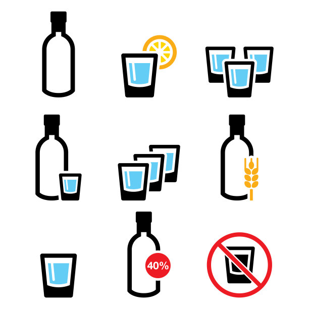 伏特加酒杯和酒瓶矢量图标集 - 酒吧、禁止饮酒警告标志、成瘾概念图片下载