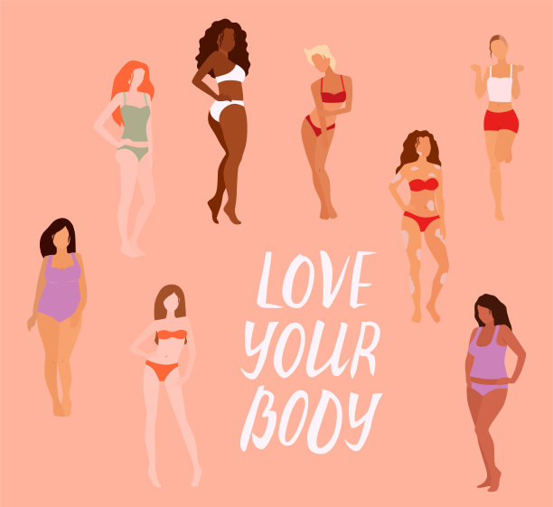 一群美女。身体的积极性。女权主义，多样性，种族平等矢量插图。图片下载