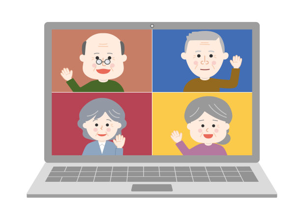 老年人在笔记本电脑上挥手开会。图片下载