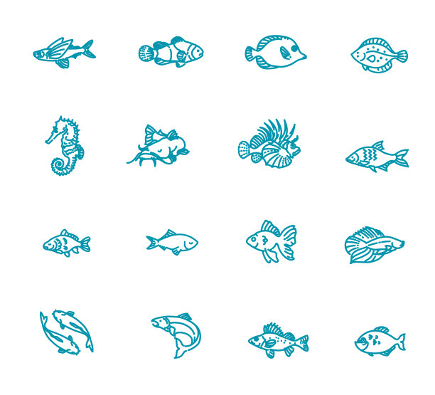 一套矢量轮廓鱼图标，水族馆图片下载