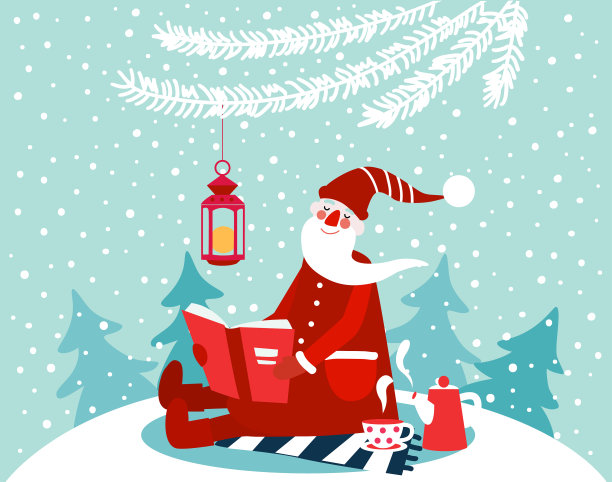可爱的寒假插画与有趣的圣诞老人读一本书。圣诞和快乐的假期矢量卡图片下载