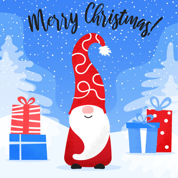 圣诞贺卡可爱的小精灵在滑稽的帽子和礼盒雪景。圣诞快乐，来自被礼物包围的北方精灵图片下载