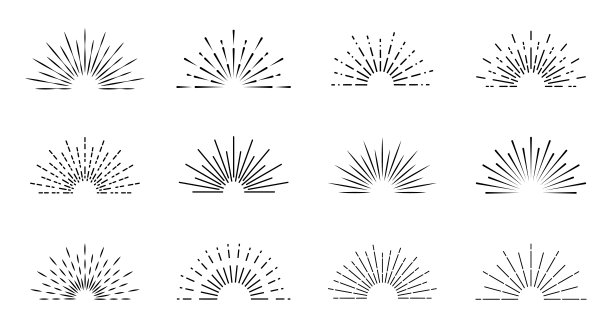 的阳光。复古日爆线图标。爆炸，烟火，火花，星光，夕阳。元素的标志，标签，会徽，旗帜。矢量插图。图片下载