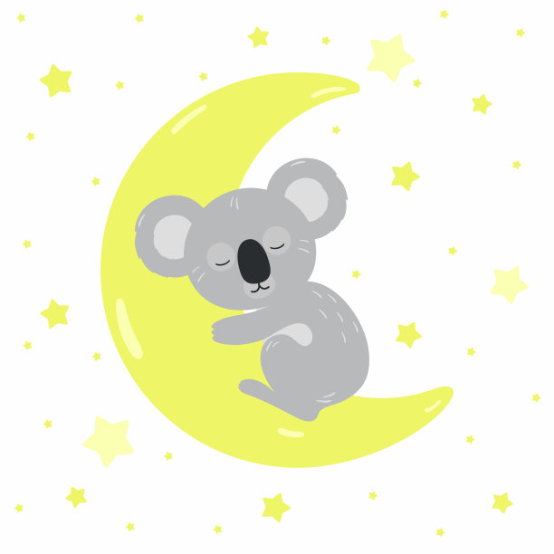 可爱的考拉在月亮上睡觉，白色的背景上有星星。图片下载