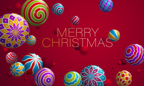 圣诞贺卡与发光的现实球飞行矢量设计，背景与冬季节日元素，快乐和节日庆祝派对邀请。图片下载