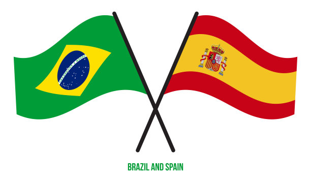 巴西和西班牙国旗交叉和挥舞扁平风格。官方的比例。正确的颜色。图片下载