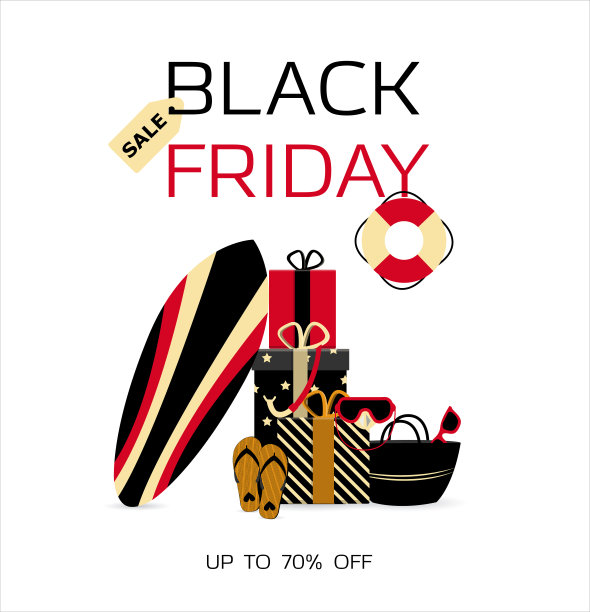 黑色星期五的广告海报。一家出售海滩、冲浪、潜水和水肺潜水产品的商店。横幅的折扣和销售。一张有铭文和商店特别优惠的海报。网上商店送货上门。图片下载