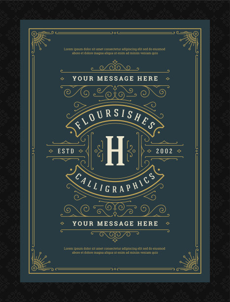 复古装饰贺卡书法华丽的漩涡和小插图框架设计矢量模板图片下载