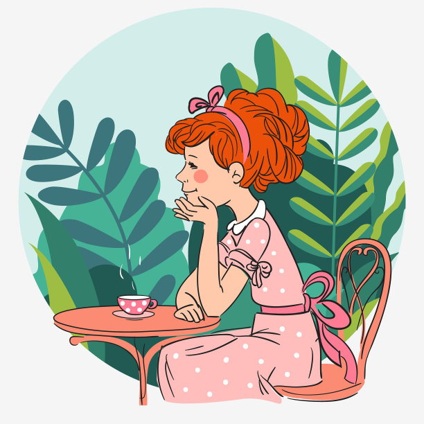 美丽的女孩在桌子上喝茶。可爱的孩子坐在花园里的椅子上图片下载