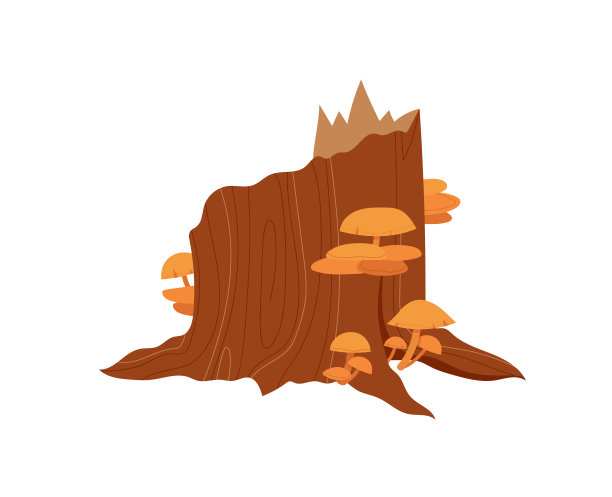 蘑菇生长树桩，树木自然，卡通艺术，食用牛肝菌，孤立在白色，设计，平面风格矢量插图。图片下载