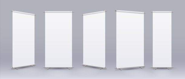 空白的旗帜。真实的空白广告牌与地方的文字和标志，卷立模型。信息展示和广告模板存储。矢量垂直隔离标版集图片下载